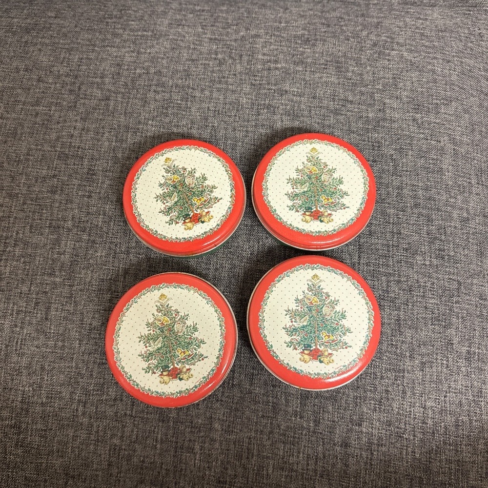 Four Christmas Tins With Christmas Tree Design 3.5"